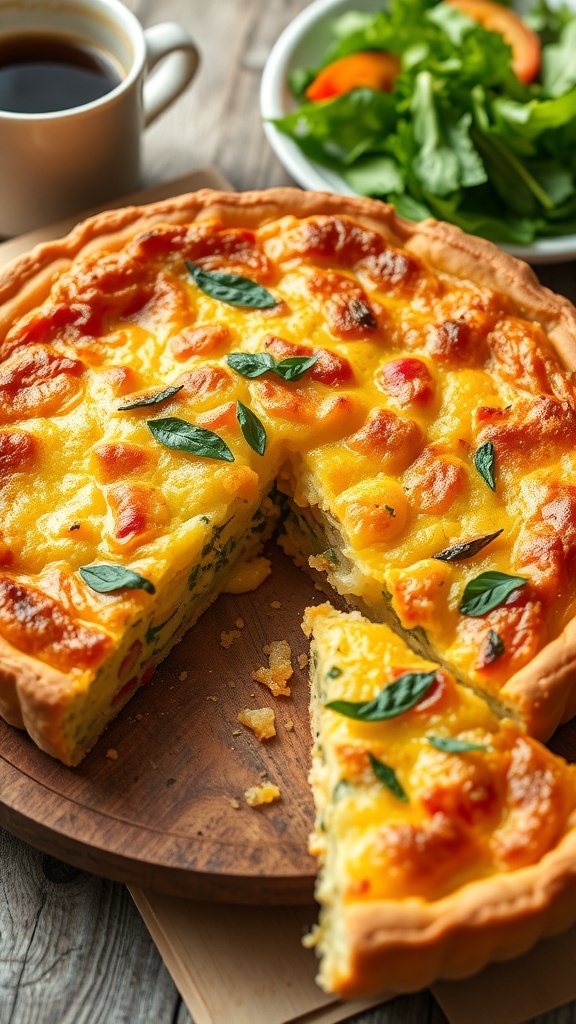 A slice of savory casserole quiche with vegetables and cheese, served on a wooden table with a side salad.